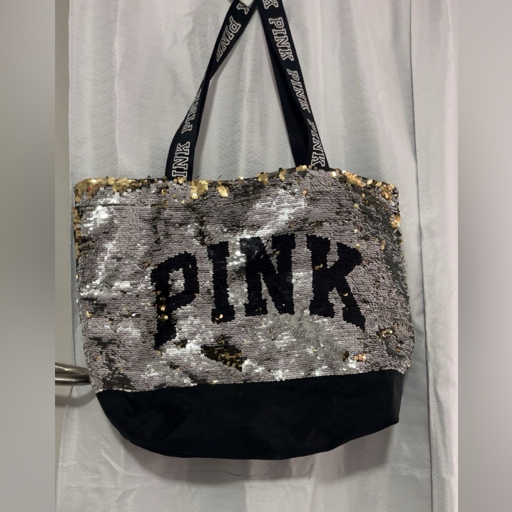 PINK Victoria's Secret Silver and Black Sequin Tote
